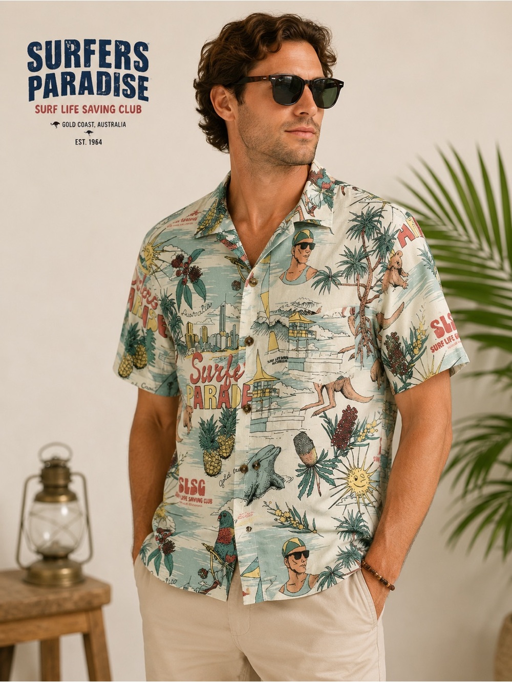 Surfers Paradise Surf Shirt Mens Small Hawaiian Tropical Kangaroo Australia W